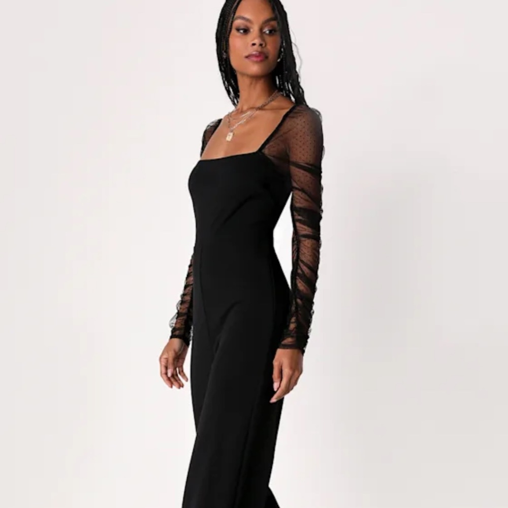 Lulus Made To Amaze Black Dotted Mesh Long Sleeve Jumpsuit - Size L